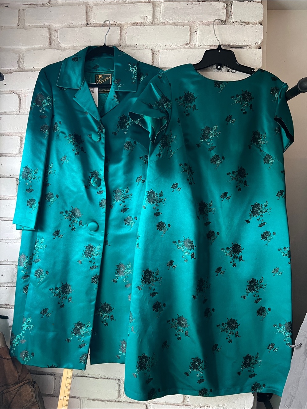 Teal Satin Floral t shirt Dress & Coat Set hand made silk set